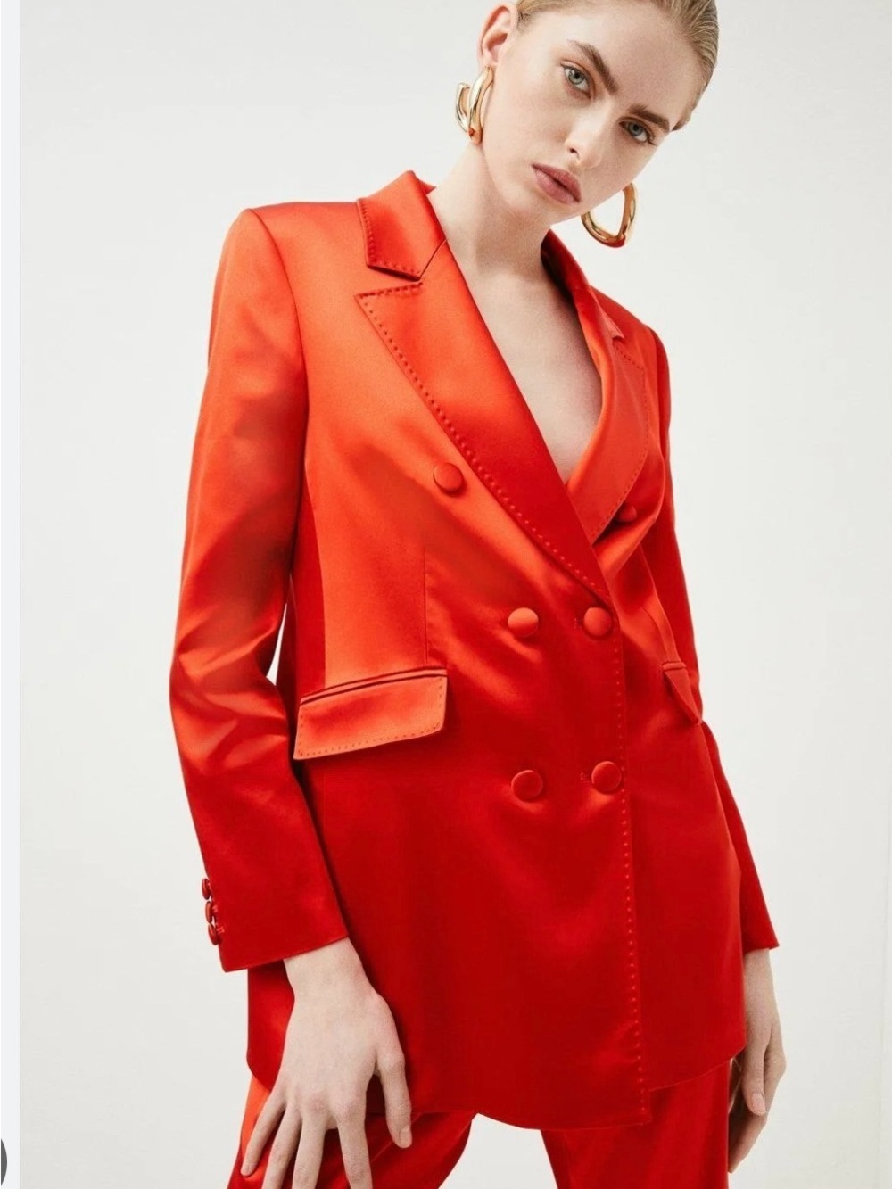 NWT Karen Millen Red Orange Italian Structured Satin Double Breasted Jacket 8
